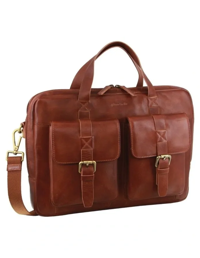 PIERRE CARDIN Rustic Leather Messenger Bag in Cognac