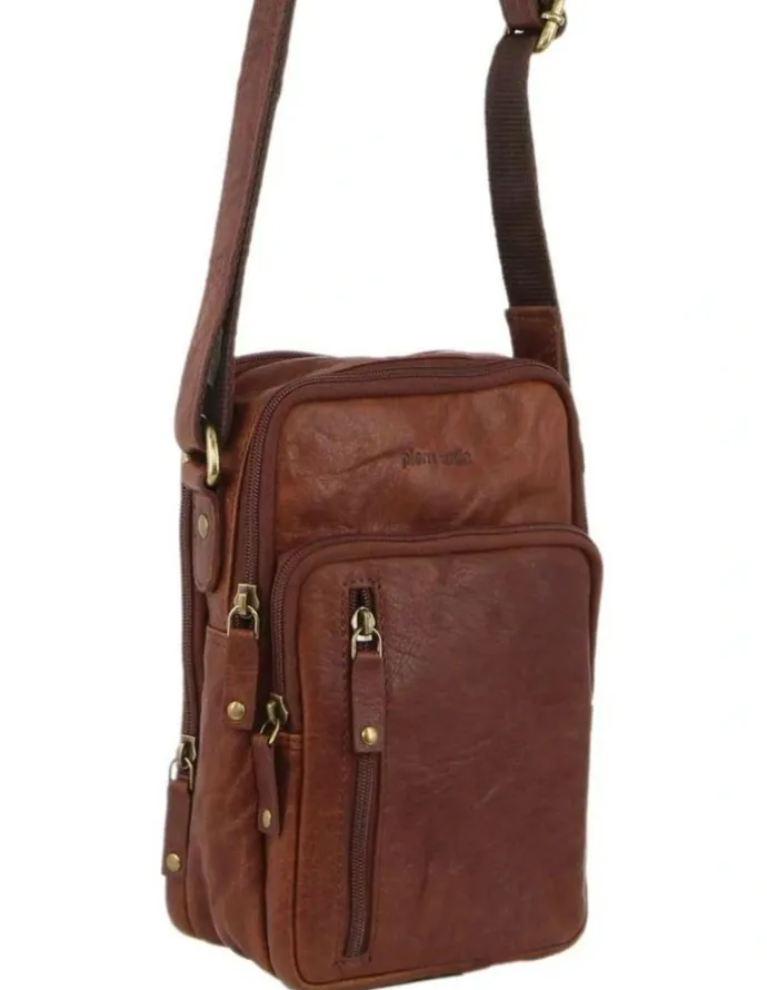 PIERRE CARDIN Rustic Leather Cross-Body Bag in Chestnut