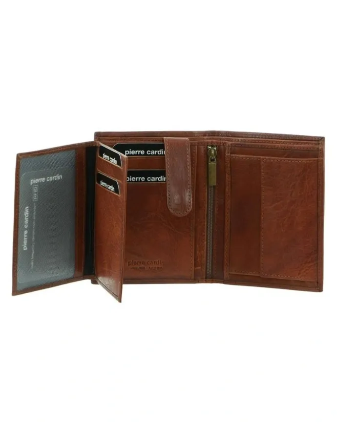 PIERRE CARDIN Rustic Leather Tri-Fold Wallet in Chestnut
