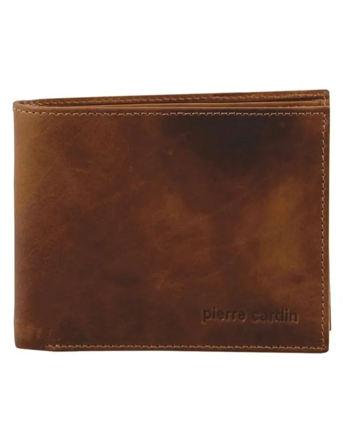 PIERRE CARDIN Rustic Leather Tri-Fold Wallet in Cognac