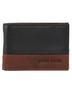PIERRE CARDIN Rustic Leather 2 Tone Slim Bi-Fold Wallet in Black-Cognac