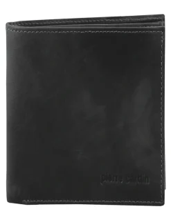 PIERRE CARDIN Rustic Leather Tri-Fold Wallet in Black