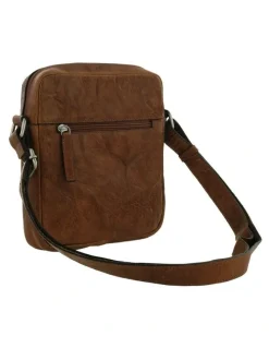 PIERRE CARDIN Rustic Leather Cross Body/Tablet Bag in Chestnut