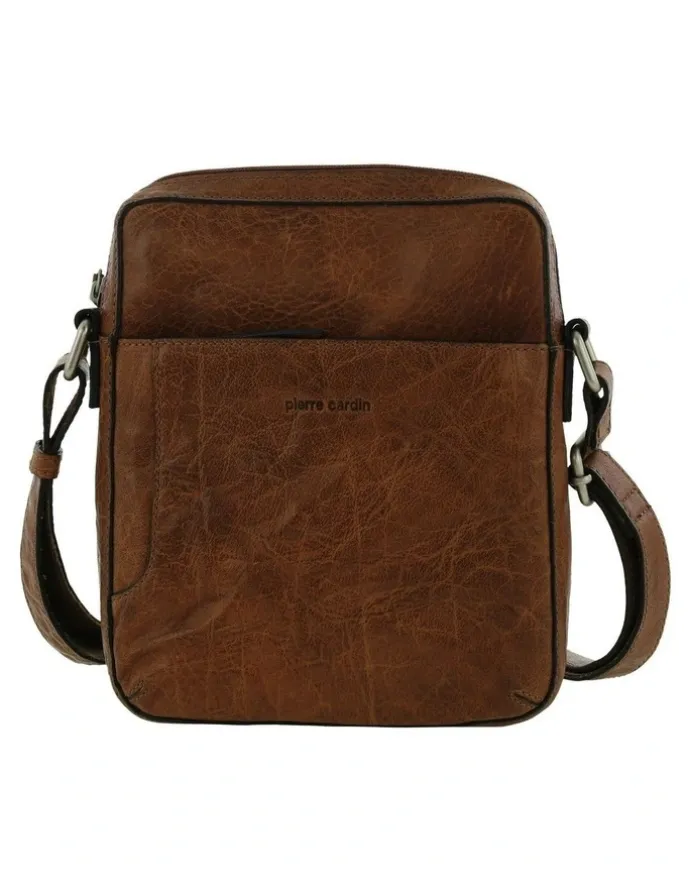PIERRE CARDIN Rustic Leather Cross Body/Tablet Bag in Chestnut