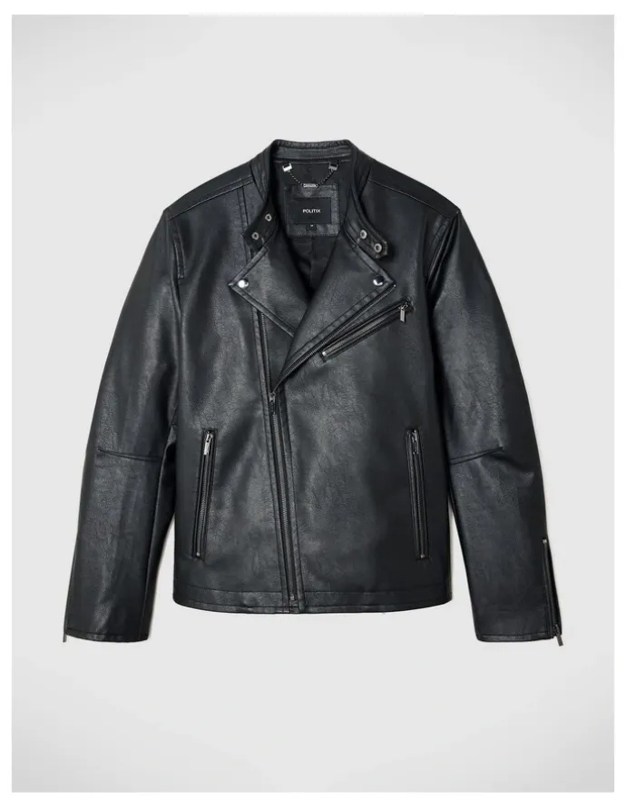 Politix Danny Faux Leather Biker Jacket in Black
