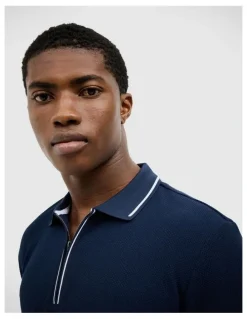 Politix Morgan Textured Zip-up Polo in Navy