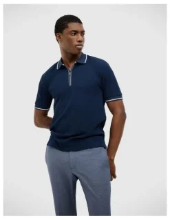 Politix Morgan Textured Zip-up Polo in Navy