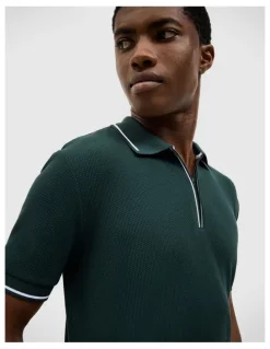 Politix Morgan Textured Zip-up Polo in Deep Forest