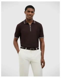 Politix Morgan Textured Zip-up Polo in Chocolate
