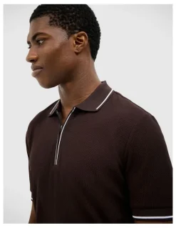 Politix Morgan Textured Zip-up Polo in Chocolate
