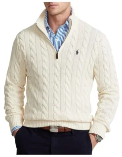 Polo Ralph Lauren Cable-Knit Cotton Quarter-Zip Sweater in Natural