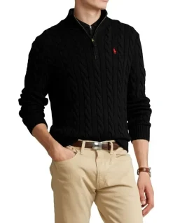 Polo Ralph Lauren Cable-Knit Cotton Quarter-Zip Sweater Black