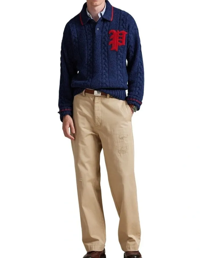 Polo Ralph Lauren Cable-Knit Polo-Collar Letter Sweater in Blue
