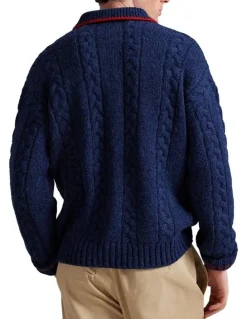 Polo Ralph Lauren Cable-Knit Polo-Collar Letter Sweater in Blue