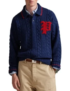 Polo Ralph Lauren Cable-Knit Polo-Collar Letter Sweater in Blue