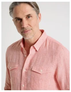 Regatta Houndstooth Long Sleeve Linen Shirt in Coral