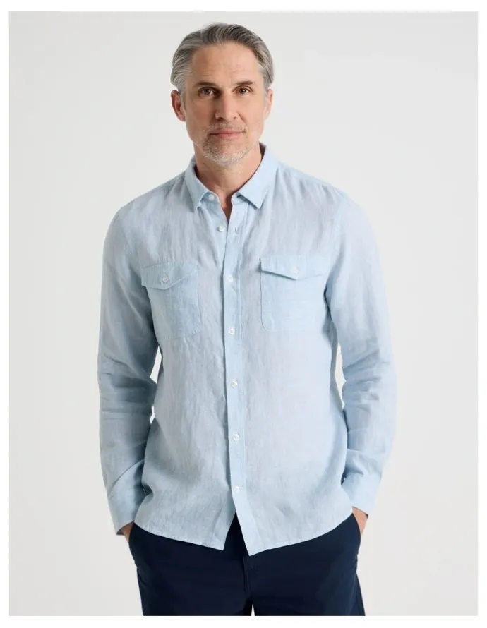 Regatta Houndstooth Long Sleeve Linen Shirt in Light Blue