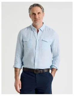 Regatta Houndstooth Long Sleeve Linen Shirt in Light Blue
