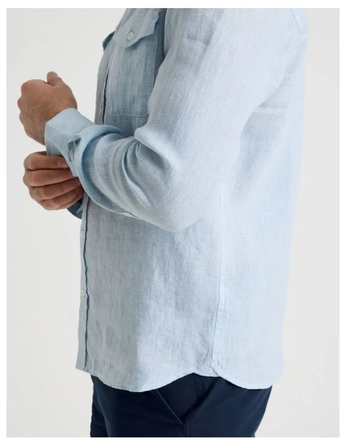 Regatta Houndstooth Long Sleeve Linen Shirt in Light Blue