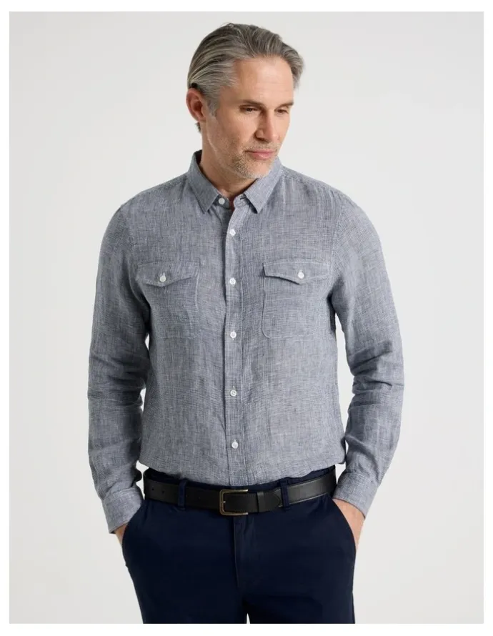 Regatta Houndstooth Long Sleeve Linen Shirt in Navy