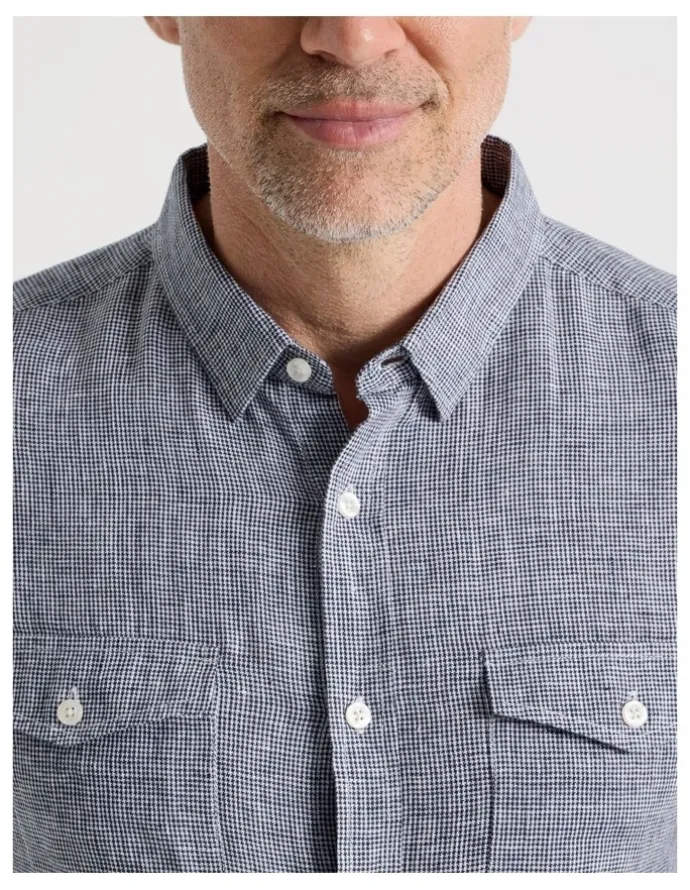 Regatta Houndstooth Long Sleeve Linen Shirt in Navy