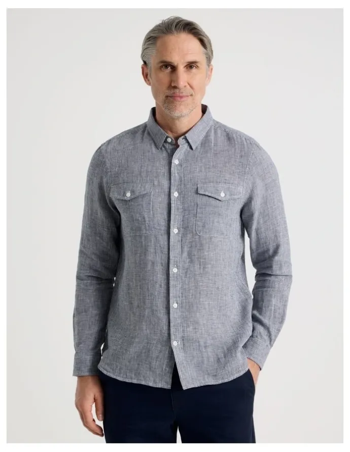 Regatta Houndstooth Long Sleeve Linen Shirt in Navy