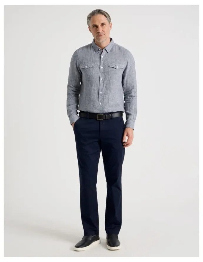 Regatta Houndstooth Long Sleeve Linen Shirt in Navy
