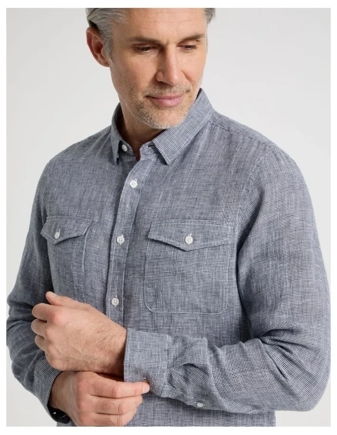 Regatta Houndstooth Long Sleeve Linen Shirt in Navy