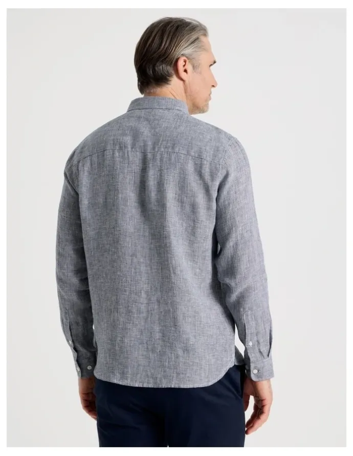 Regatta Houndstooth Long Sleeve Linen Shirt in Navy