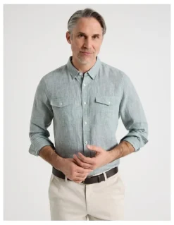 Regatta Houndstooth Long Sleeve Linen Shirt in Sage