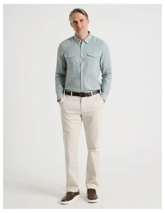 Regatta Houndstooth Long Sleeve Linen Shirt in Sage