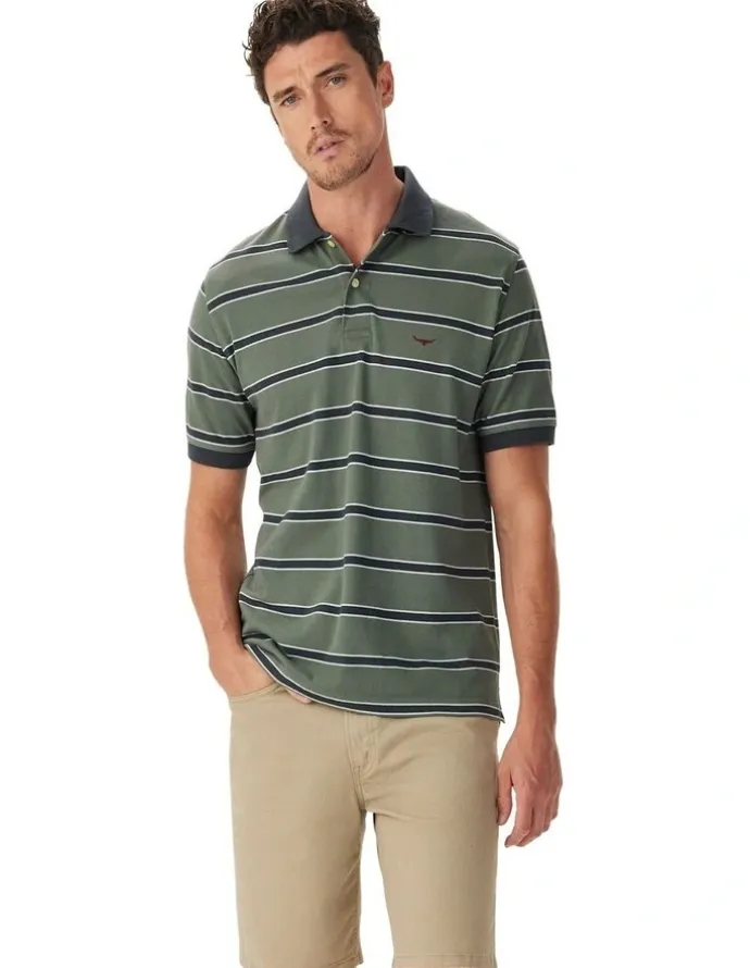 R.M.Williams Brunswick Stripe Polo Spruce in Green