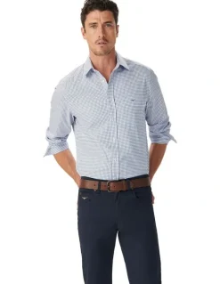 R.M.Williams Brunswick Twill Check Long Sleeve Shirt in White Blue