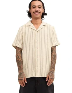 RVCA Vacancy Stripe Short Sleeve Shirt In Tan
