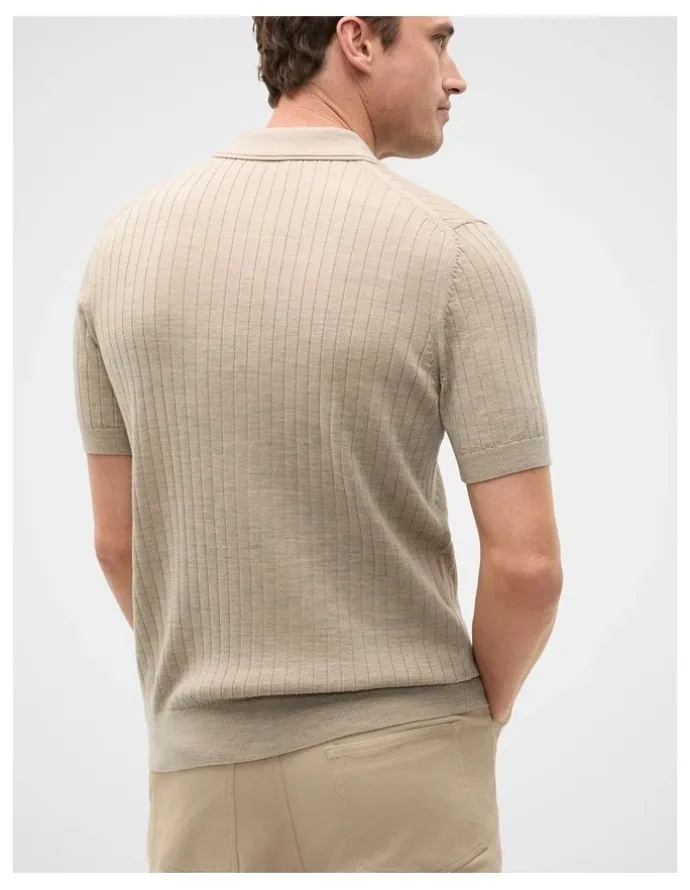 Seed Heritage Short Sleeve Merino Knit Polo Shirt in Dark Stone