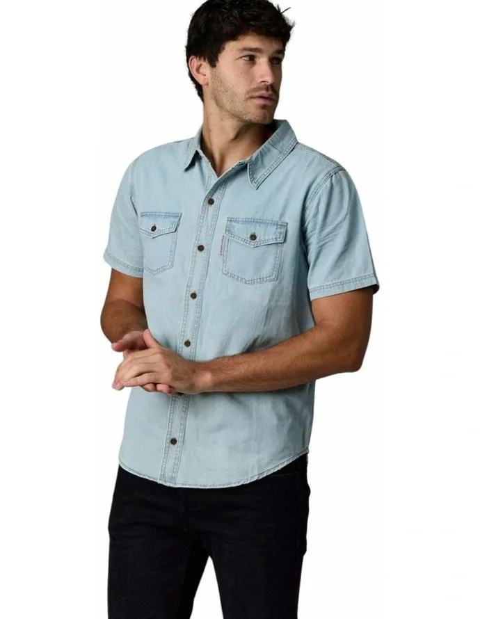 Society of Wolves Short Sleeve Denim Shirt in Light Wash