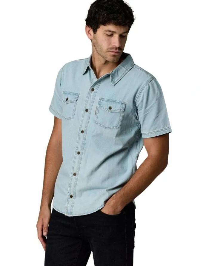 Society of Wolves Short Sleeve Denim Shirt in Light Wash
