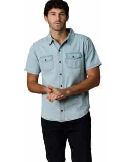 Society of Wolves Short Sleeve Denim Shirt in Light Wash