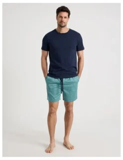 Soho Foulard Tee and Short Pyjama Set in Navy and Green Geometric Print