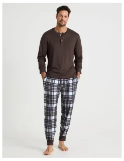 Soho Henley Check Cosy Knit Pyjama Set in Chocolate