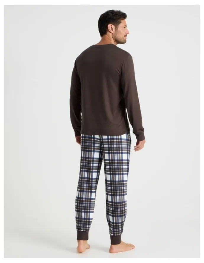 Soho Henley Check Cosy Knit Pyjama Set in Chocolate