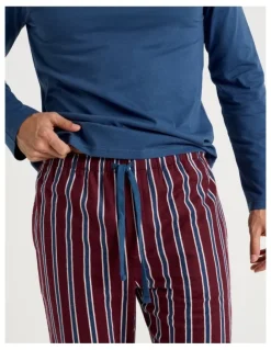 Soho Long Sleeve Tee and Flannelette Pant Pyjama Set in Blue & Burgundy Stripe