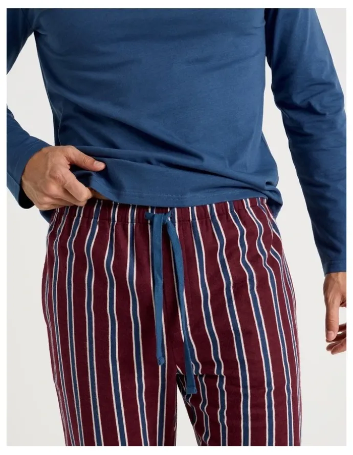 Soho Long Sleeve Tee and Flannelette Pant Pyjama Set in Blue & Burgundy Stripe