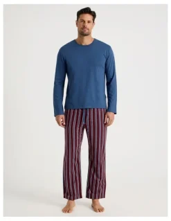 Soho Long Sleeve Tee and Flannelette Pant Pyjama Set in Blue & Burgundy Stripe