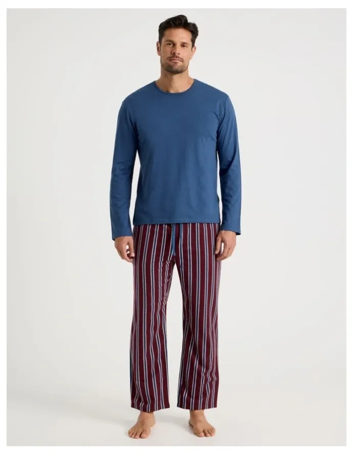 Soho Long Sleeve Tee and Flannelette Pant Pyjama Set in Blue & Burgundy Stripe