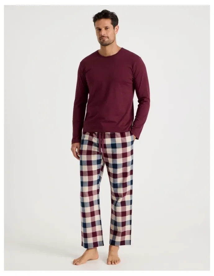 Soho Long Sleeve Tee and Flannelette Pant Pyjama Set in Burgundy Check
