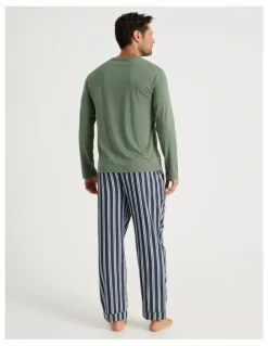 Soho Long Sleeve Tee and Sateen Pant Pyjama Set in Green Stripe
