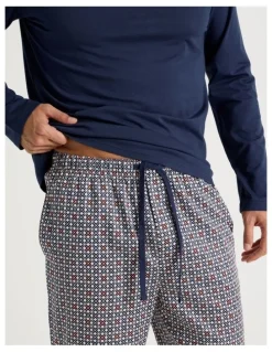Soho Long Sleeve Tee and Sateen Pant Pyjama Set in Navy & Modern Tile Print