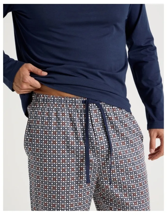 Soho Long Sleeve Tee and Sateen Pant Pyjama Set in Navy & Modern Tile Print