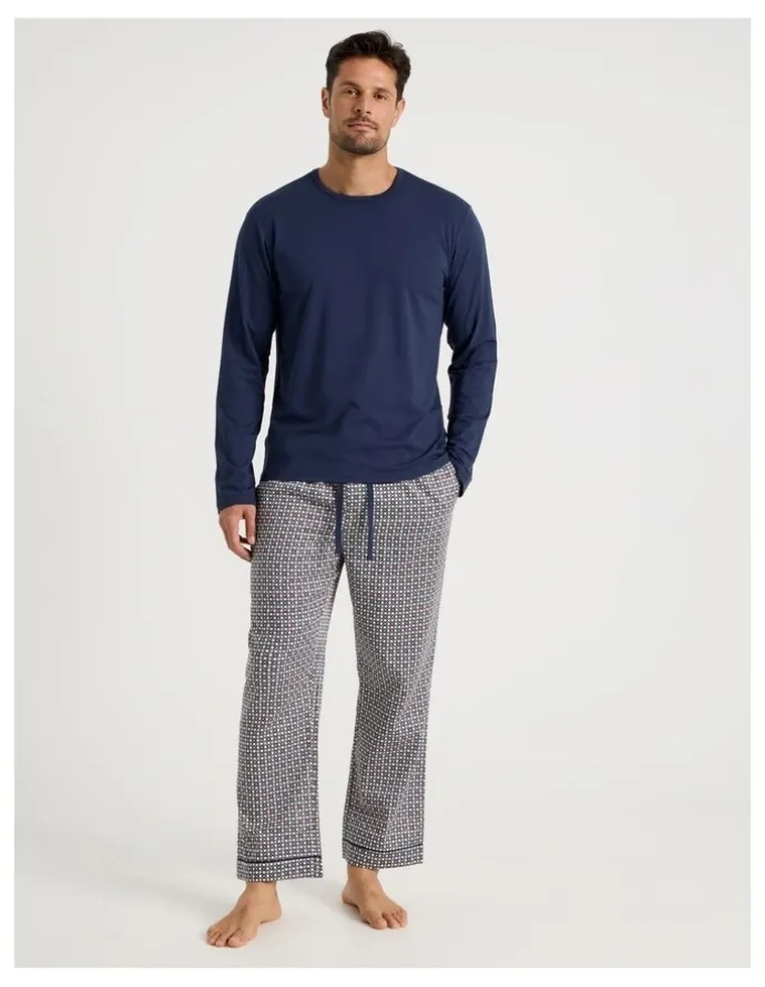 Soho Long Sleeve Tee and Sateen Pant Pyjama Set in Navy & Modern Tile Print
